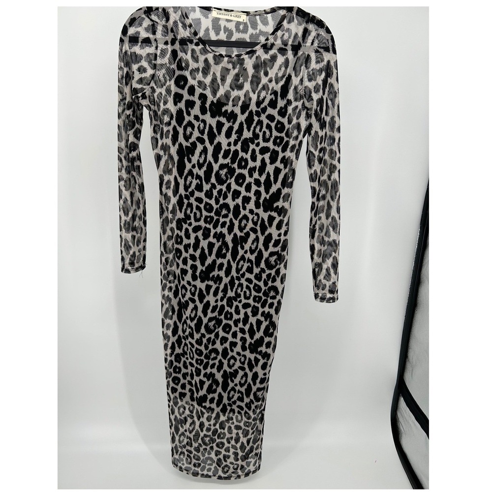 Tiffany & Grey Leopard Print Mesh Midi Dress Grey Black Long Sleeve Small